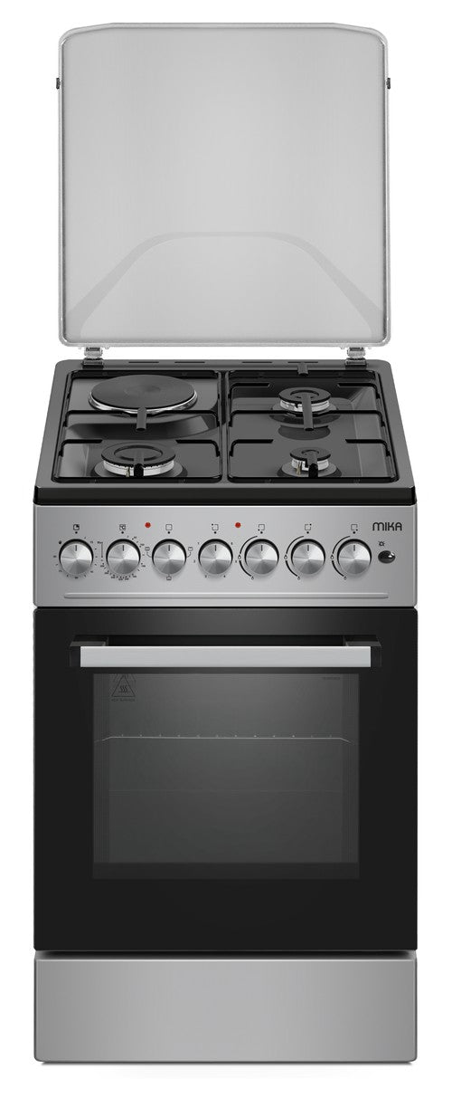Mika Standing Cooker, 50cm x 60 cm, 3 Gas Burner + 1 Electric Plate & Electric Oven, Silver - MST5060U31ESL