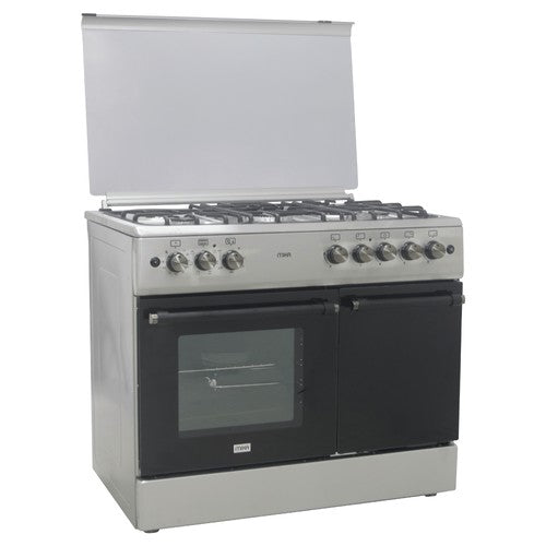 Mika Standing Cooker, 60cm x 90cm, 4G(1Wok)+1E, Elec. Oven (Convection), 6F, GBC, Rotisserie, S. Steel - MST90PU41HI/GCW