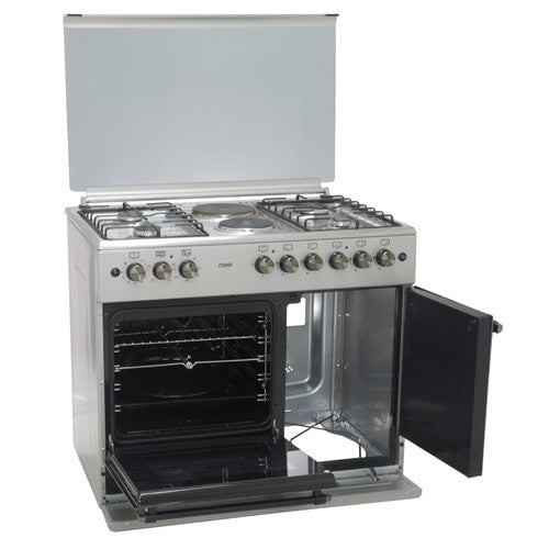 Mika Standing Cooker, 60cm x 90cm, 4G+2E, Electric Oven, 4F, Gas Bottle Cabinet, with Rotisserie, Silver - MST90PU42SL/GC