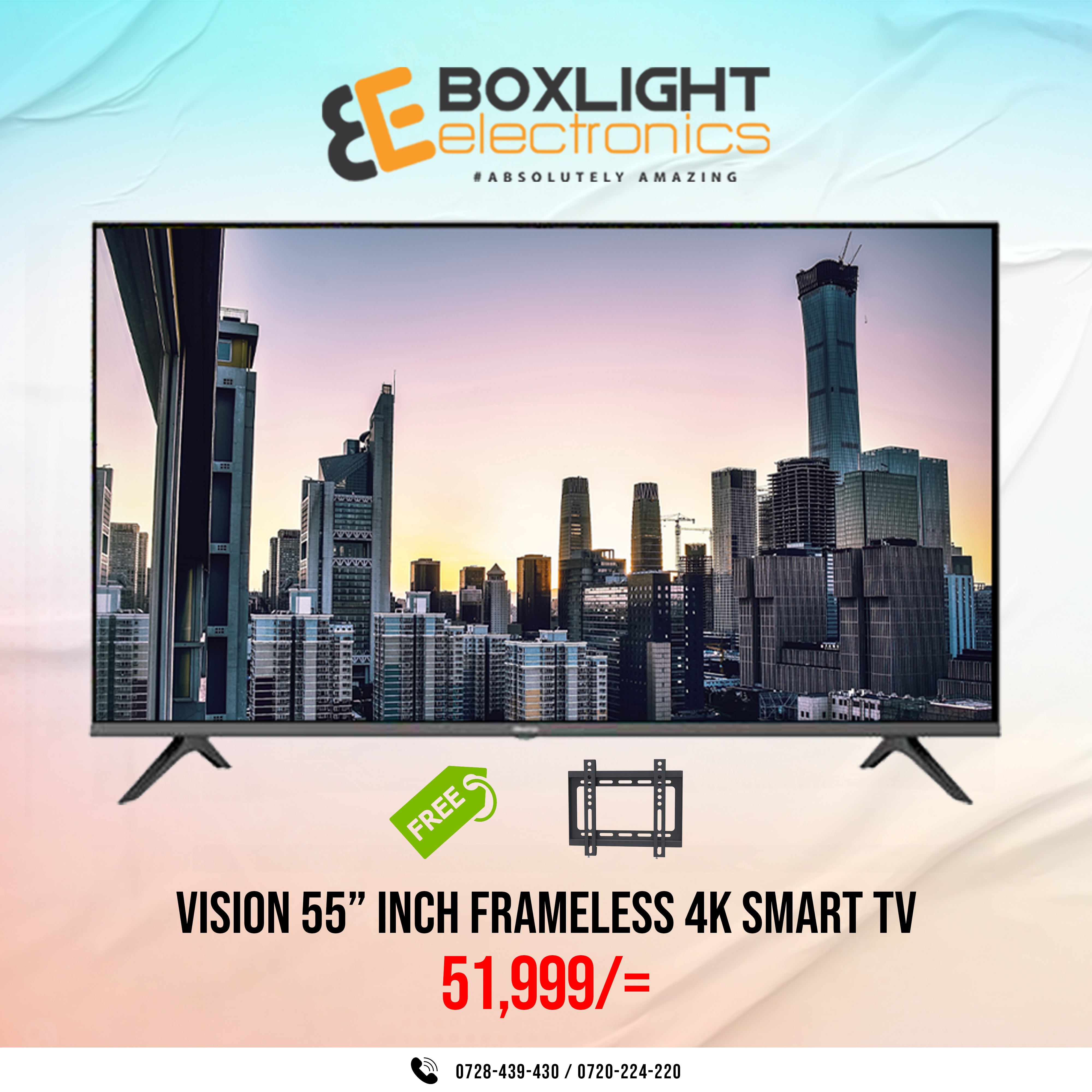 Vision 55" Smart VIDAA Frameless 4K UHD With Bluetooth + Free Wall Bracket