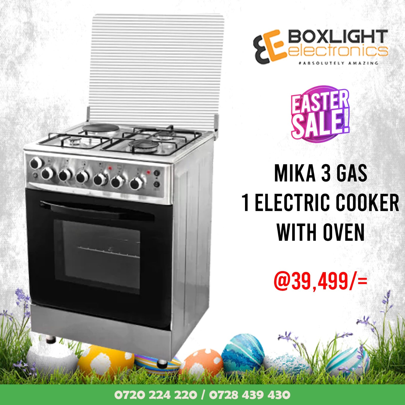 Mika Standing Cooker, 60cm x 60cm, 4G, Gas Oven (All Gas), 2 Knob Control, with Rotisserie, Silver MST55PIAGSL/SD