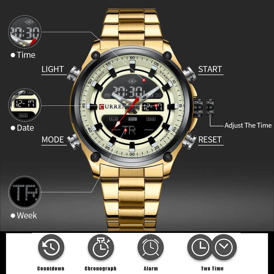 CURREN Men's Analogue Digital Watch LED Display Stainless Steel Wristwatch