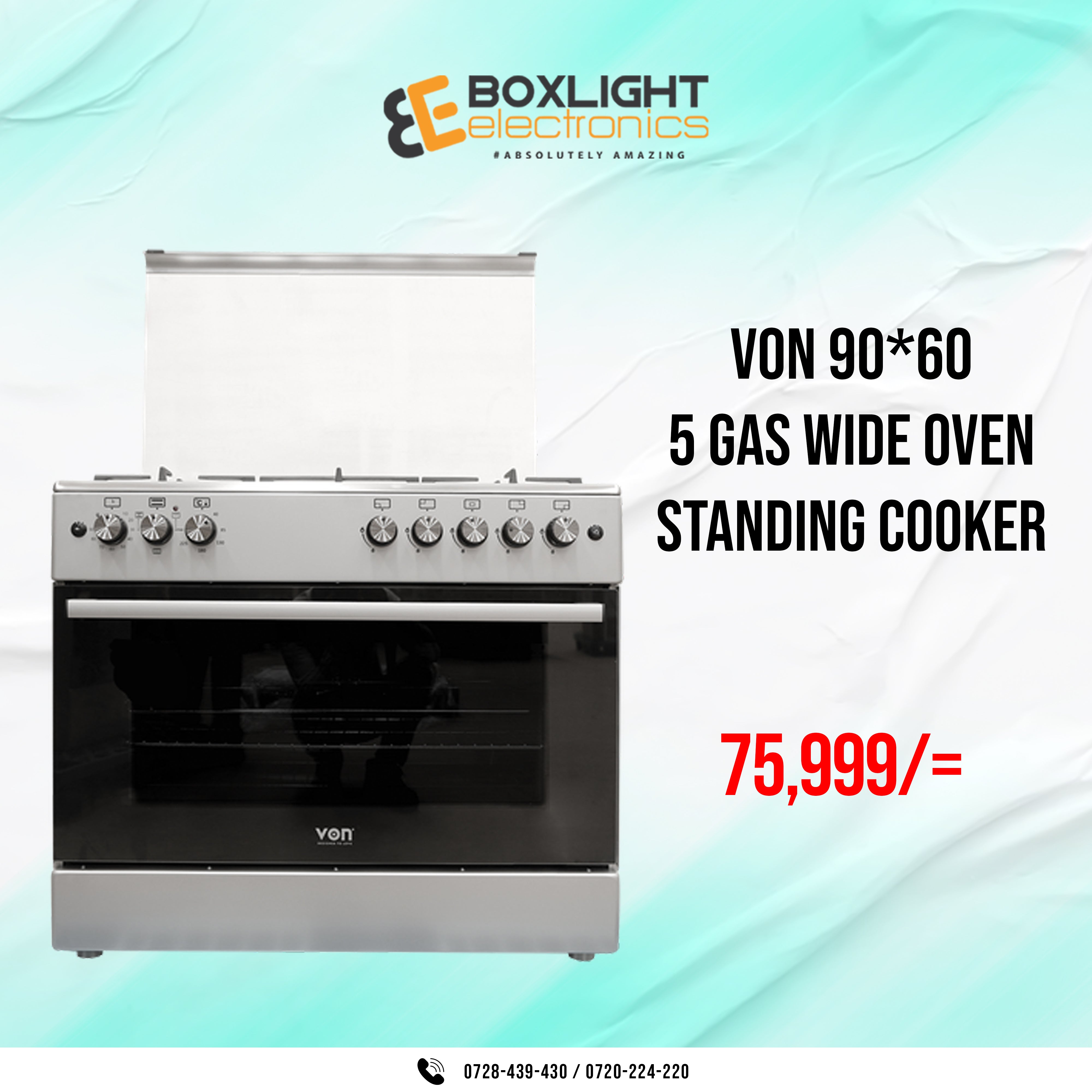 VON Cooker 5 Gas, wide oven - VAC9FO50WX Semi inox