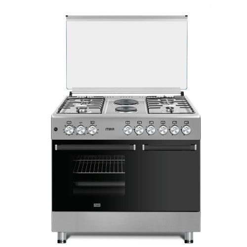 Mika Standing Cooker, 90cm x 60cm, 4G+2E, Electric Oven, Gas Bottle Cabinet, Rotisserie, Silver - MST90PU42SLGC4