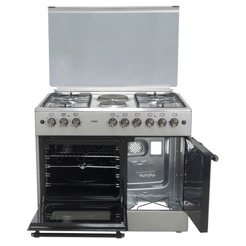 Mika Standing Cooker, 60cm x 90cm, 4G+2E, Electric Oven, 4F, Gas Bottle Cabinet, with Rotisserie, Silver - MST90PU42SL/GC