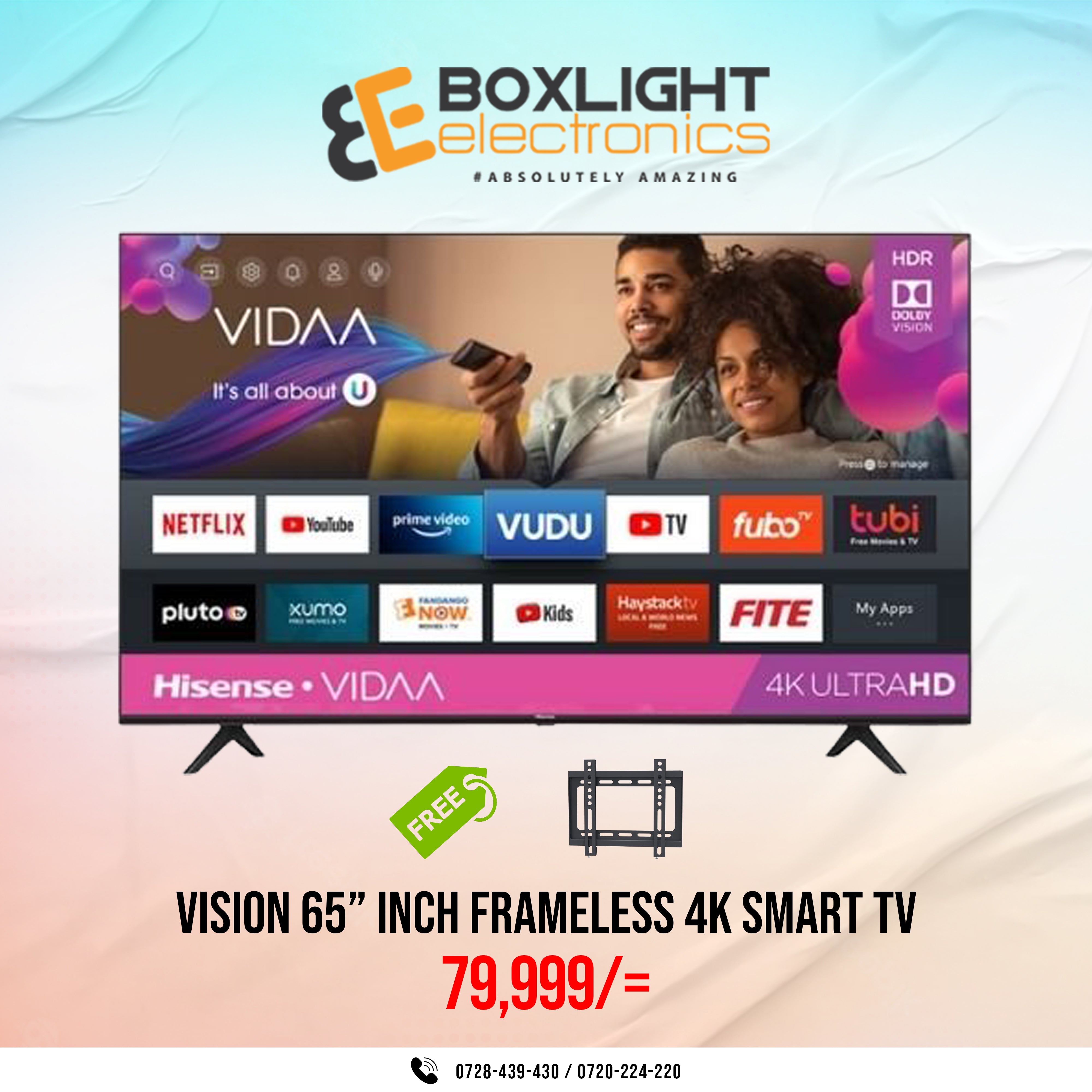 Vision 65" Smart VIDAA Frameless 4k UHD With Bluetooth + Free Wall Bracket