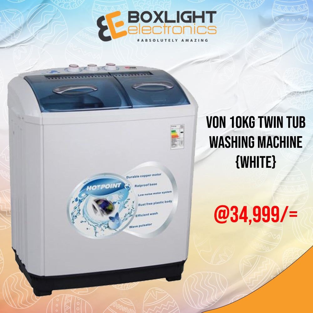 Von VALW-10MLW Twin Tub Washing Machine - White - 10 Kg