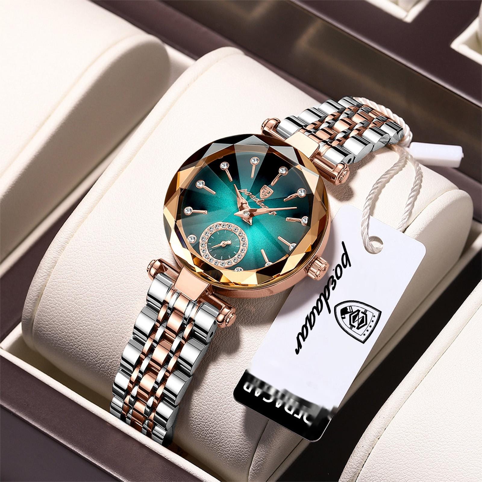 POEDAGAR Women's Fashion Diamond Dial Leather Quartz Watch