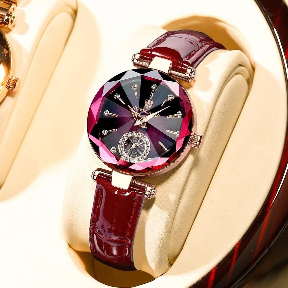 POEDAGAR Women's Fashion Diamond Dial Leather Quartz Watch