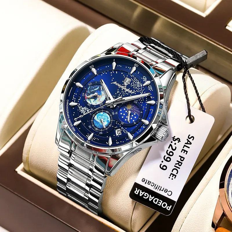 POEDAGAR Luminous Waterproof Chronograph Date Men's Stainless Steel Watch