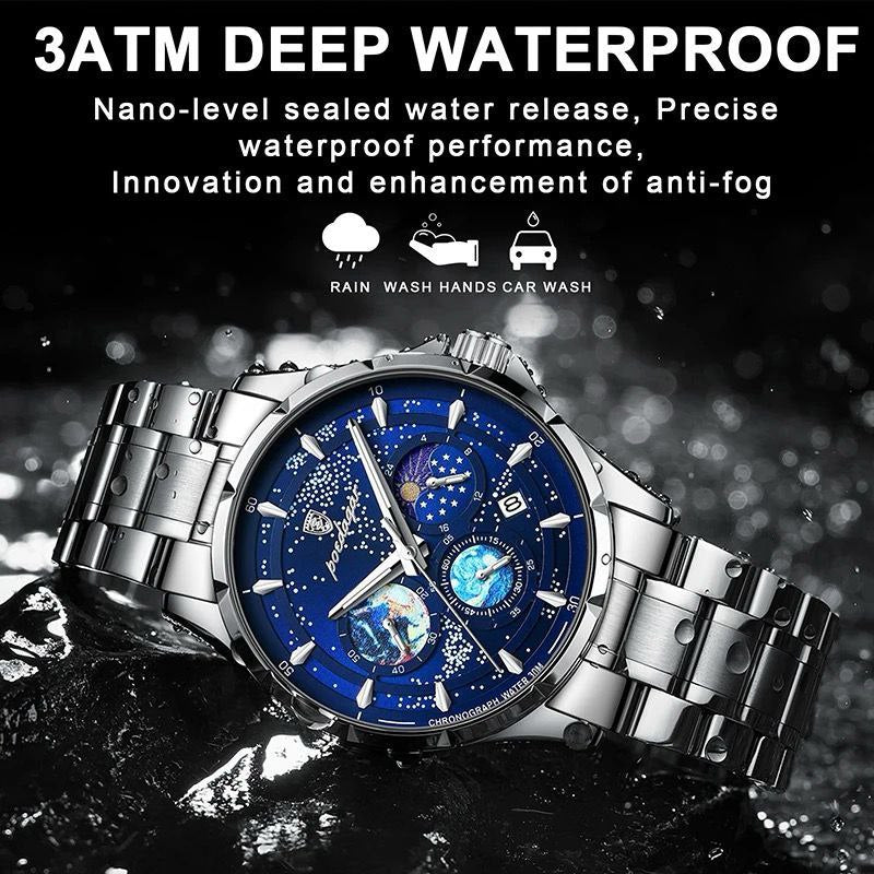 POEDAGAR Luminous Waterproof Chronograph Date Men's Stainless Steel Watch