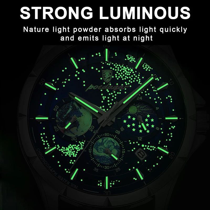 POEDAGAR Luminous Waterproof Chronograph Date Men's Stainless Steel Watch