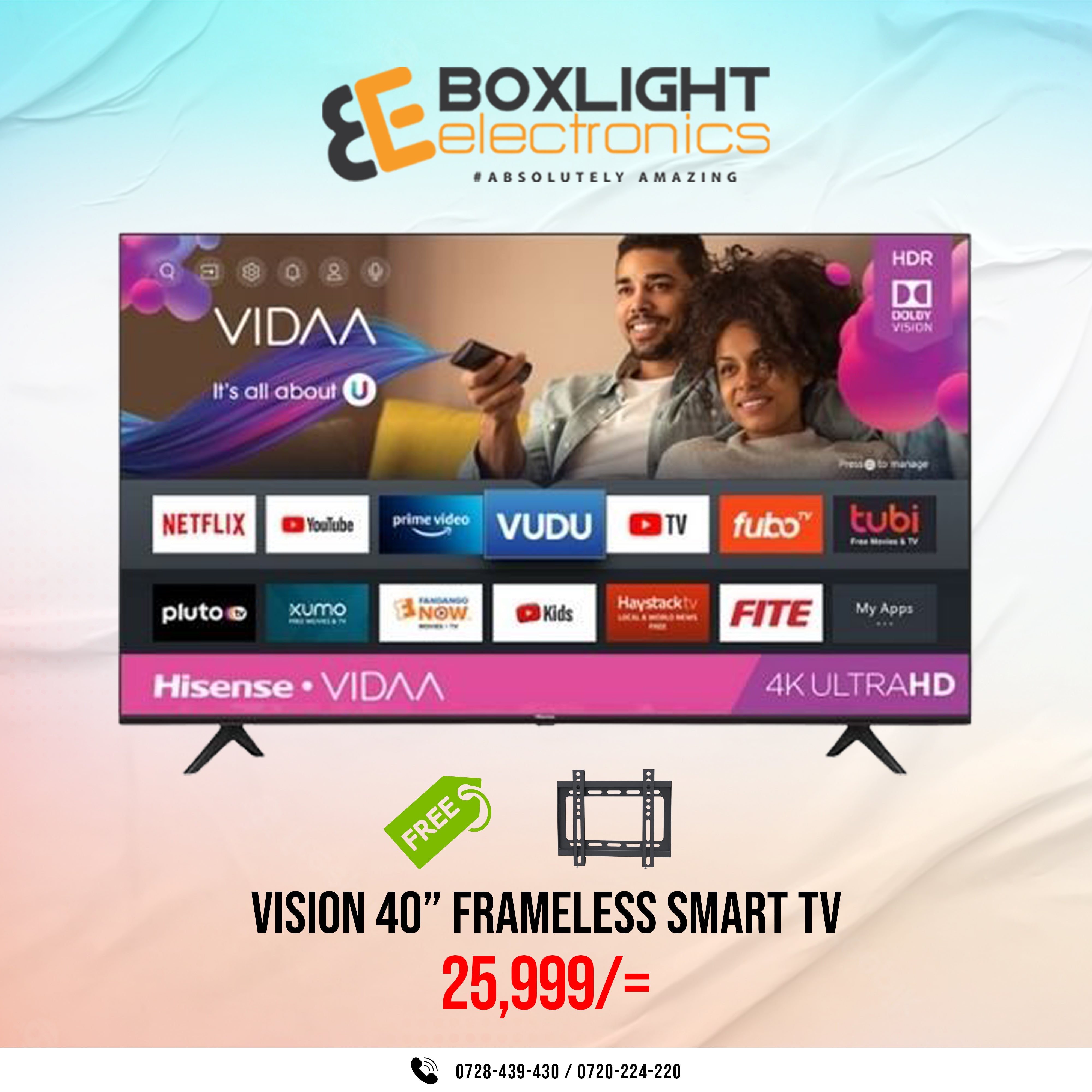 Vision 40" Smart VIDAA Frameless + Free Wall Bracket